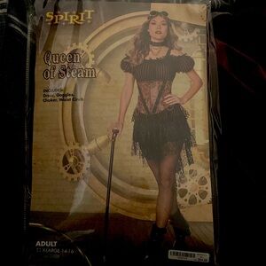 Dress, choker, and waist cinch.